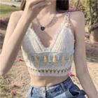 V-neck Cropped Knit Top White - One Size