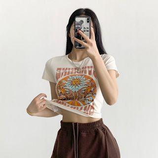 Short-sleeve Lettering Sun Print T-shirt