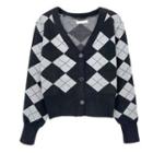 Long-sleeve V-neck Plaid Knit Cardigan Black - One Size