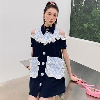 Short-sleeve Cold-shoulder Button-up Mini Dress
