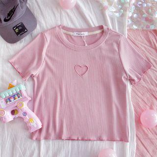Short-sleeve Heart Cutout T-shirt Pink - One Size