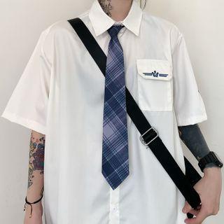 Set: Short-sleeve Crown Embroidered Shirt + Plaid Tie