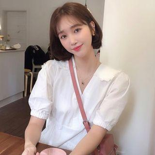 Puff-sleeve Collared A-line Dress White - One Size