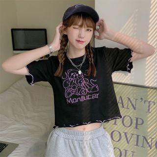 Short-sleeve Lettuce Edge Bear Print Top