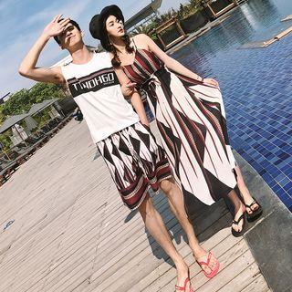 Couple Matching Drawstring Midi Spaghetti Strap Dress / Printed Tank Top / Patterned Shorts