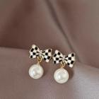 Bow Checker Faux Pearl Dangle Earring 1 Pair - Checkered - Black & White - One Size