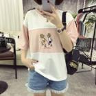 Cartoon Embroidered Color Panel Short Sleeve T-shirt