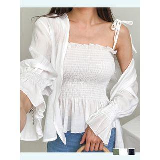 Set: Open-front Cardigan + Tie-shoulder Smocked Top