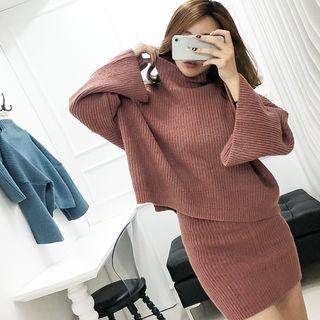 Set: Mock-neck Wide-sleeve Sweater + Miniskirt