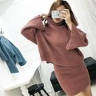 Set: Mock-neck Wide-sleeve Sweater + Miniskirt