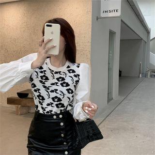 Flower Jacquard Panel Puff-sleeve Top
