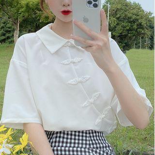 Elbow-sleeve Frog-buttoned Shirt White - One Size