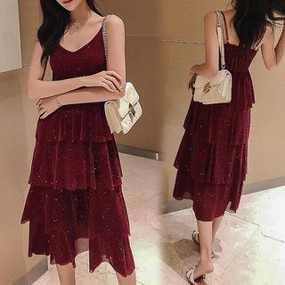 Spaghetti Strap Sequined A-line Tiered Dress