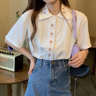 Short-sleeve Floral Embroidery Shirt White - One Size