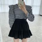 Striped Long-sleeve T-shirt / Ruffle A-line Semi Skirt