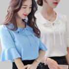 Frill Short-sleeve Collared Tie-front Chiffon Plain Blouse