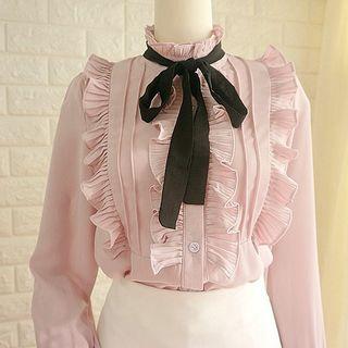 Ruffled Tie-neck Chiffon Shirt