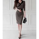 Wrap-front Buckled Patterned Midi Sheath Dress
