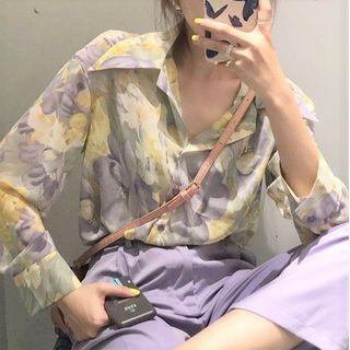 Set: Long Sleeve Floral Printed Shirt + Plain Pants