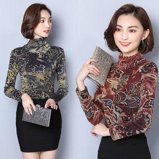 Print Fleece-lined Mock-neck Long-sleeve Top