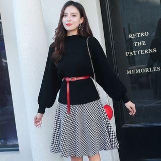 Set: Puff-sleeve Sweater + Houndstooth A-line Skirt