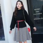 Set: Puff-sleeve Sweater + Houndstooth A-line Skirt