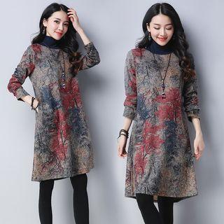 Printed High Neck Long-sleeve A-line Dress