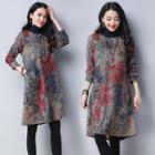 Printed High Neck Long-sleeve A-line Dress