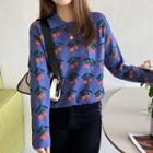 Long-sleeve Round-neck Cherry Print Knit Top