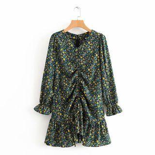 Floral Print Ruched Bell-sleeve Mini A-line Dress