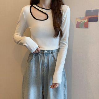 Long-sleeve Contrast Trim Cutout Knit Top