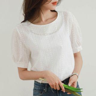 Puff-sleeve Punched Blouse Ivory - One Size