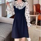 Long-sleeve Floral Print Panel Chiffon Mini A-line Dress