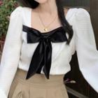 Square-neck Puff-sleeve Bow Blouse
