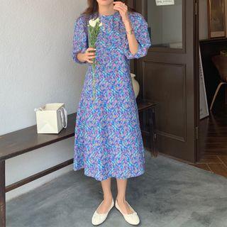 Elbow-sleeve Floral Print Dress Blue - One Size