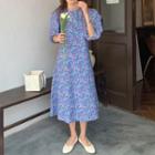 Elbow-sleeve Floral Print Dress Blue - One Size