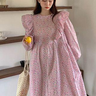 Long-sleeve Floral Ruffle Midi Smock Dress