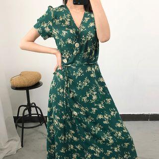 V-neck Puff-sleeve Floral Print Dress With Sash