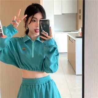 Cropped Zip Polo Sweatshirt / Wide Leg Sweatshorts