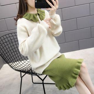 Set: Ruffled Collar Polo Neck Sweater + Midi Knit Skirt