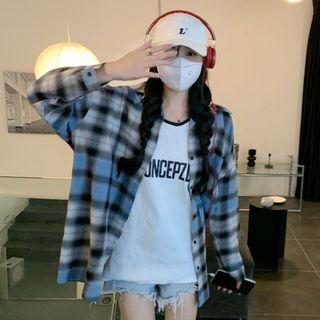 Long-sleeve Patched Plaid Button-up Shirt Blue - One Size