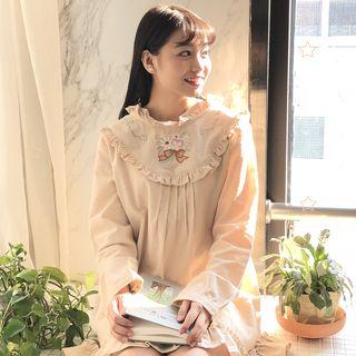 Frilled Neck Embroidered Long-sleeve A-line Dress