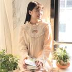 Frilled Neck Embroidered Long-sleeve A-line Dress