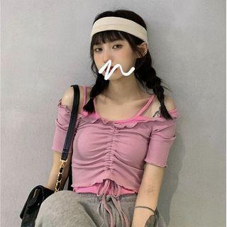 Short-sleeve Off-shoulder Drawstring Top / Plain Camisole / High-waist Harem Pants