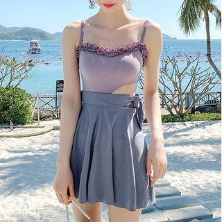 Two Tone Frill Trim Cutout Swimdress