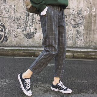 Windowpane Check Drawstring Waist Cropped Pants