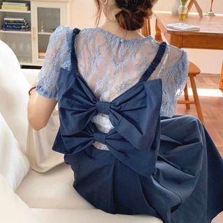 Set: Short-sleeve Mesh Top + Spaghetti Strap Dress