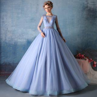 Embellished Long Sleeve Open Back Ball Gown