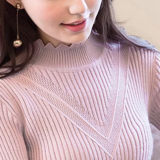 Scallop Mock-neck Long-sleeve Knit Top