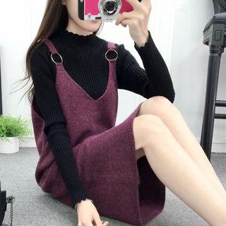 Set: Mock-neck Sweater + Sleeveless Midi Knit Dress